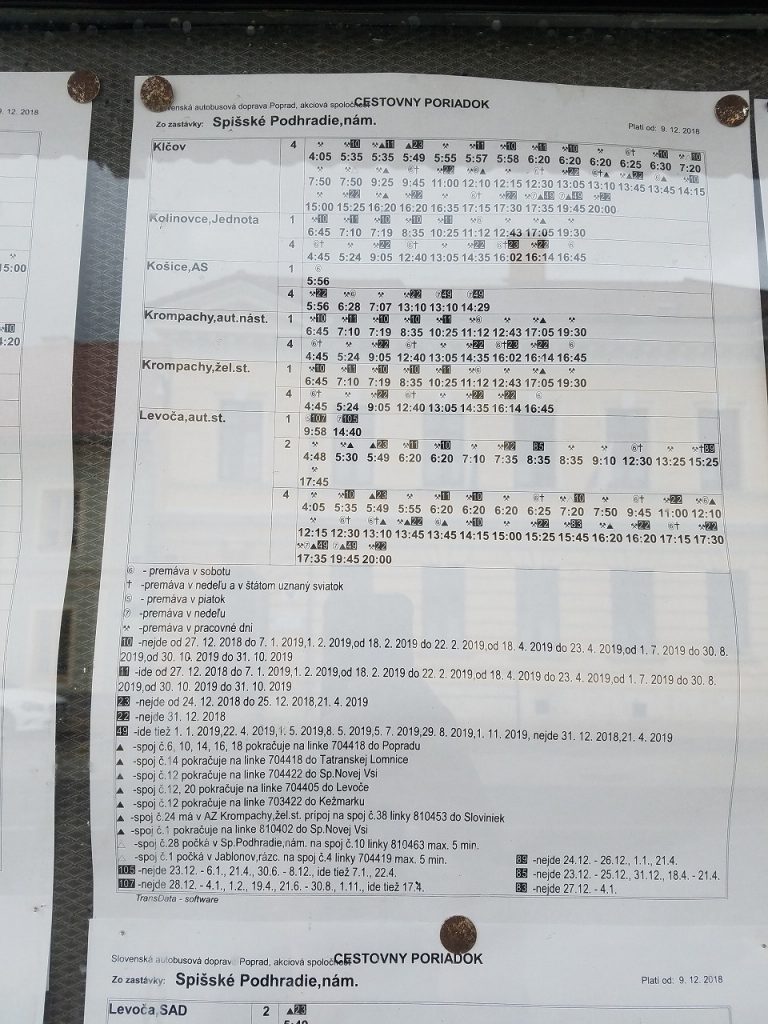 Spišské Podhradieの街のバス停時刻表（コシツェ、クロムパキ、レヴォチャ行き）