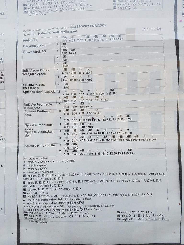  Spišské Podhradieの街のバス停時刻表（プレショフ行き） 