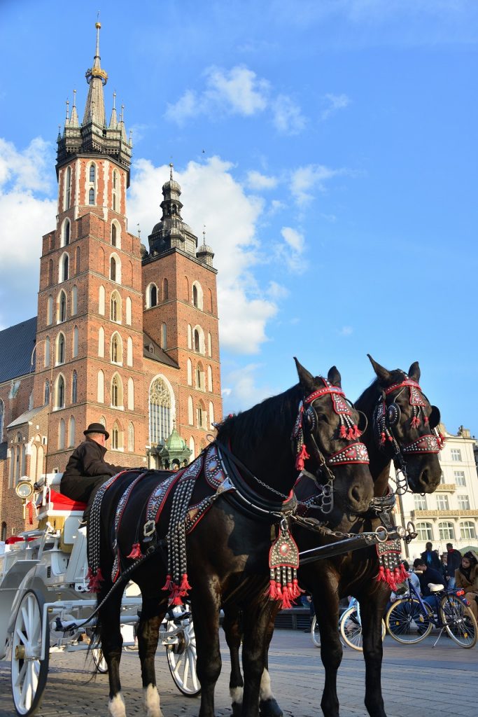 クラクフ中央市場と聖マリア聖堂と馬車